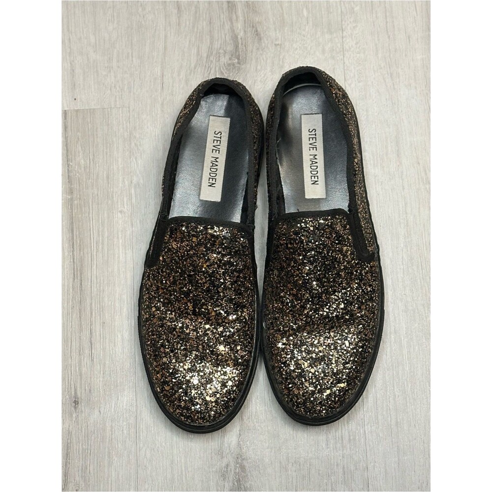 Steve Madden Black & Gold Glitter Slip-On Loafers